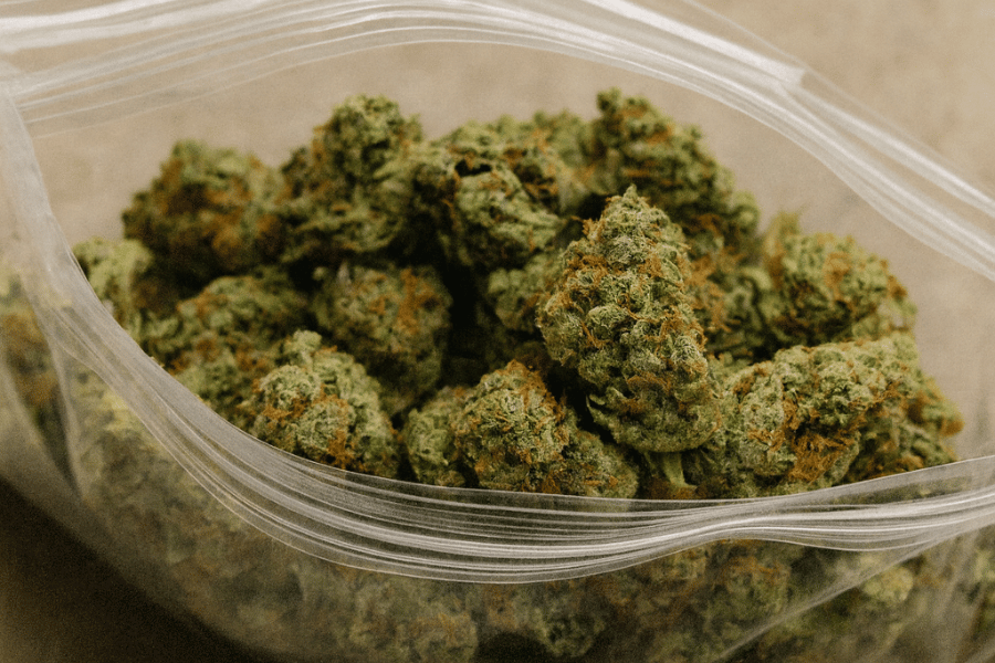 Close-up of dried cannabis flower stored in a clear plastic container, illustrating proper post-harvest storage practices for freshness and preservation.