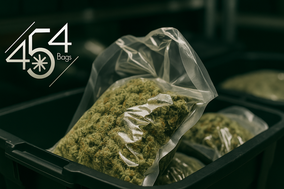 Vacuum-sealed cannabis buds in a clear bag inside a black storage tote—454 Bags logo overlay, illustrating post-harvest storage.
