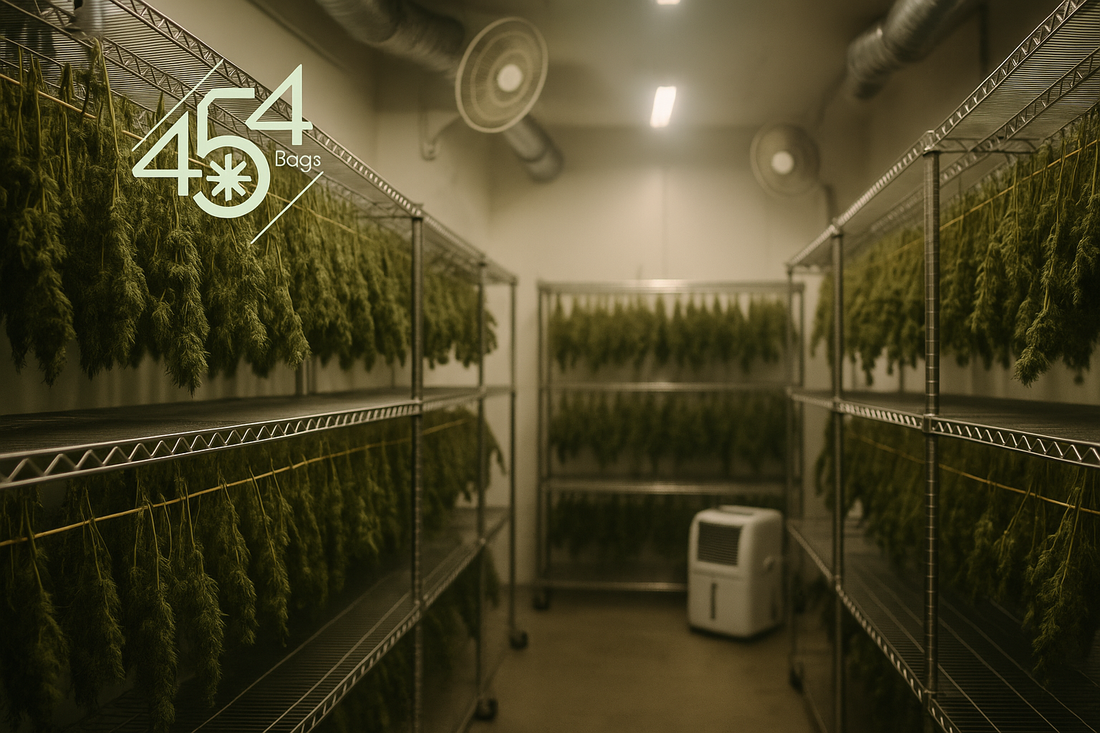 Cannabis dry room with hanging branches and oscillating wall fans creating cross-flow; ducted HVAC visible; 454 Bags logo overlay.