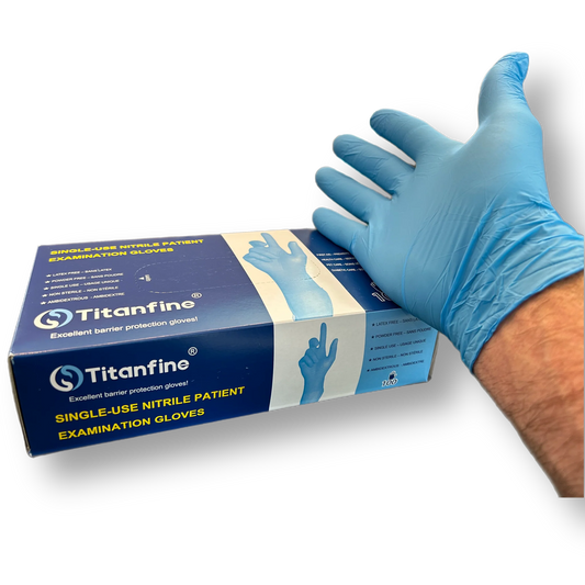 Hand resting over Titanfine Nitrile Cannabis Trimming Gloves