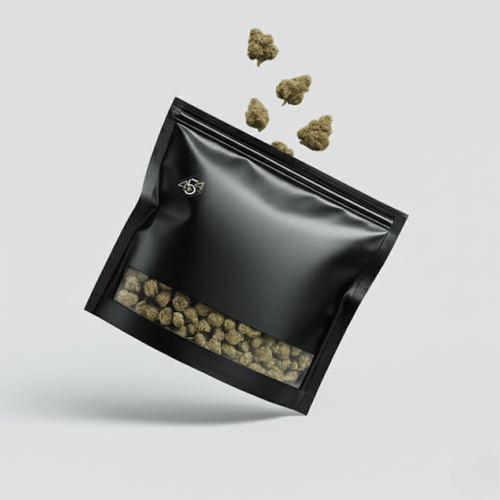 Dried cannabis buds above an open black 454 Bags CurePak storage pouch