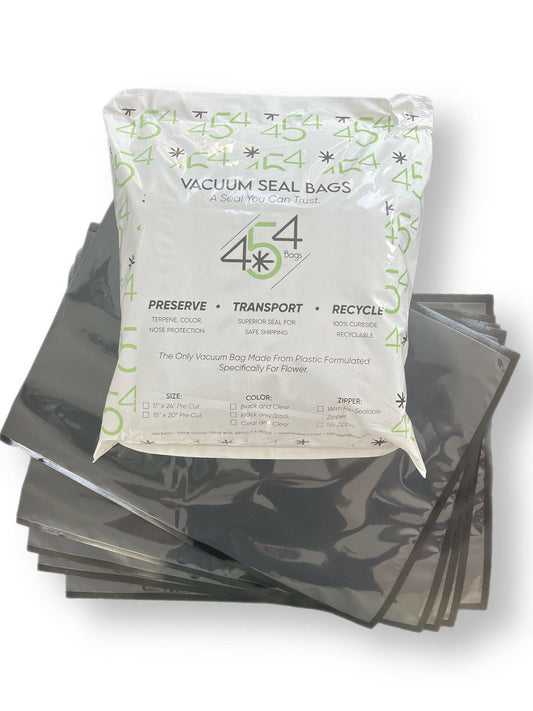 "454 Bags' vacuum seal bags for cannabis storage, preserving freshness and quality.