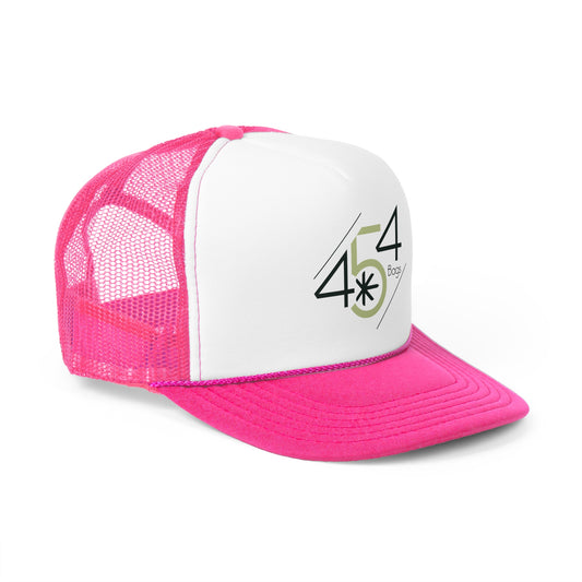 Pink and white mesh cap featuring the 454 Bags logo, adding a bold style statement.