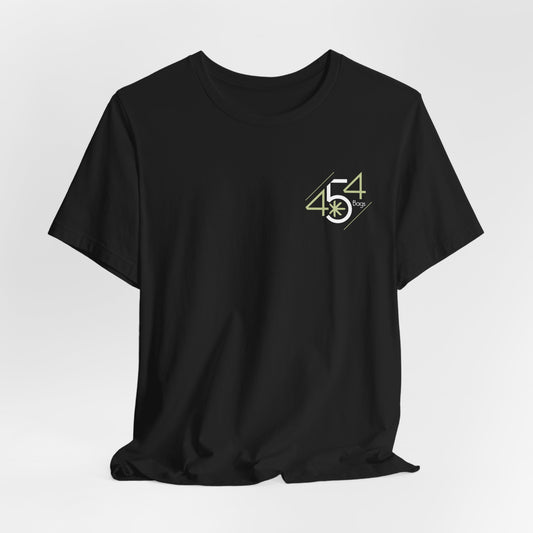 Black T-shirt with small 454 Bags logo on chest, offering a minimalist look.