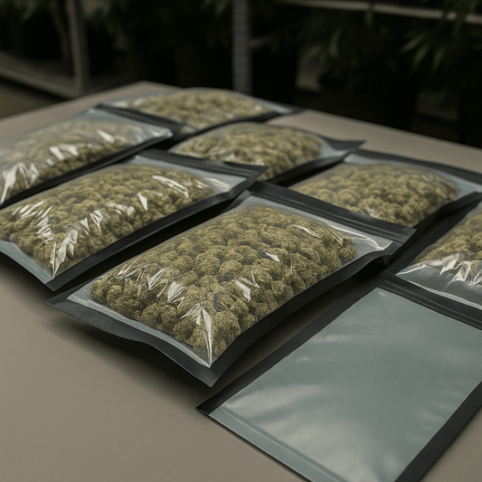 Multiple packages of green cannabis buds on a dark surface