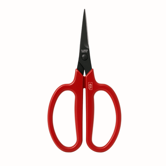 Red scissors with black handles on a white background