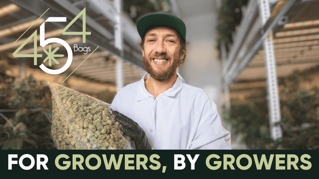 Image of a joyful grower in a cultivation room holding our 454 Bags, with the prominent slogan 'For Growers By Growers' displayed at the bottom. 454 Bags logo is featured in the bottom right corner, emphasizing brand identity and dedication.