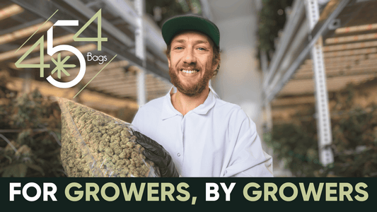 Image of a joyful grower in a cultivation room holding our 454 Bags, with the prominent slogan 'For Growers By Growers' displayed at the bottom. 454 Bags logo is featured in the bottom right corner, emphasizing brand identity and dedication.