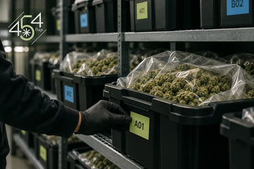 Organized cannabis lots in lined totes with matching batch labels in a commercial post-harvest storage room.