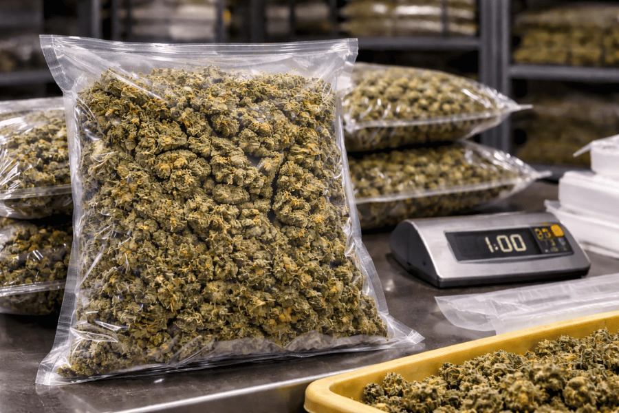 Large cannabis bags filled with flower in a commercial storage environment with scale for weighing