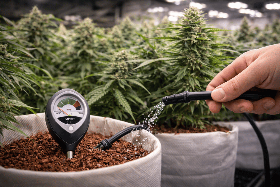 Moisture meter measuring cannabis flower during curing to monitor humidity levels