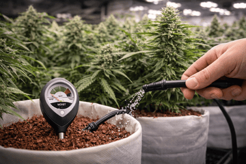 Moisture meter measuring cannabis flower during curing to monitor humidity levels