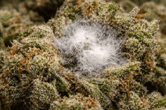 Close-up of mold forming inside cannabis bud showing internal contamination risk