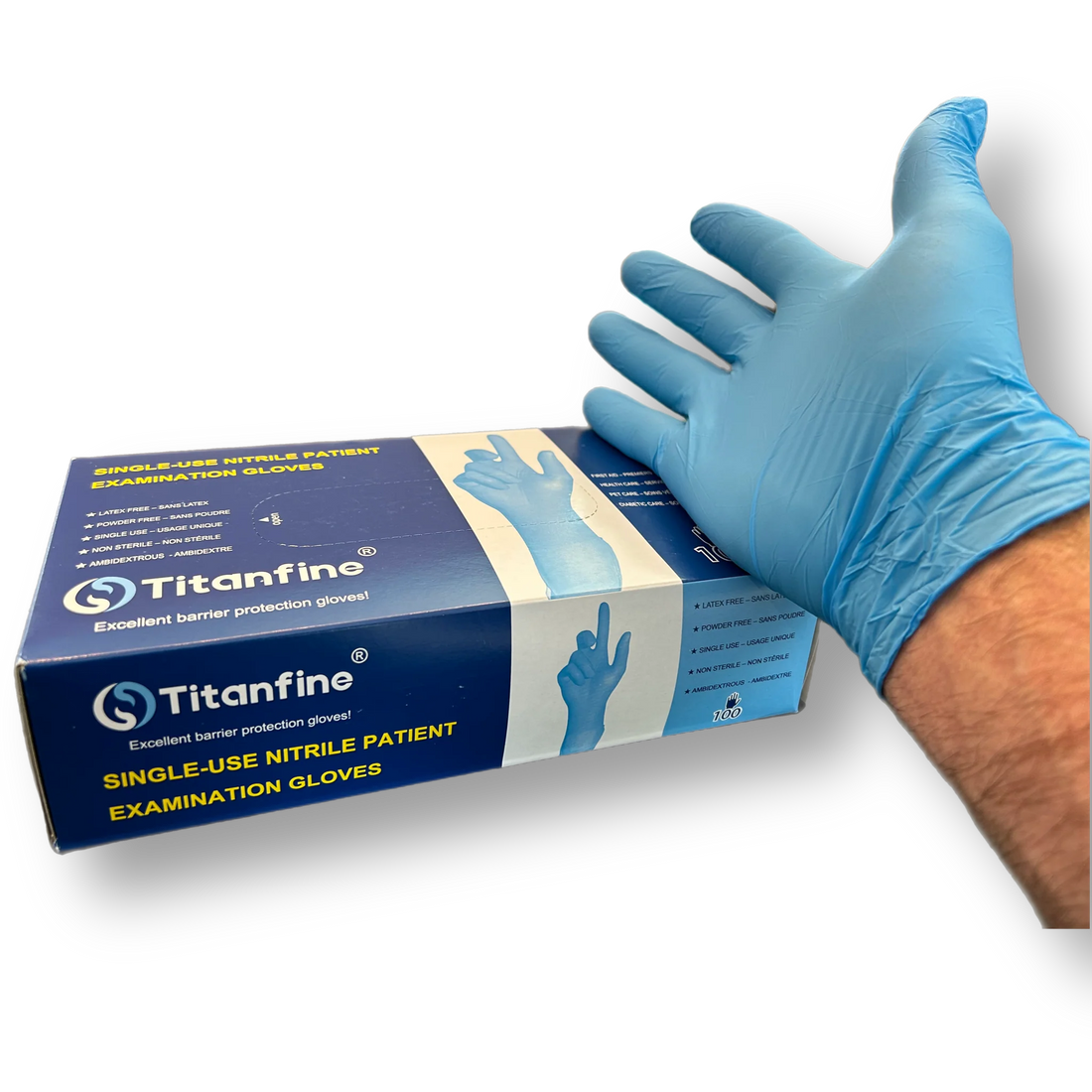 Hand resting over Titanfine Nitrile Cannabis Trimming Gloves