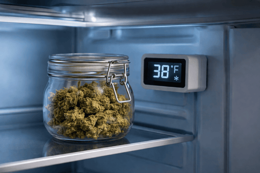 Glass jar of cannabis flower stored inside a refrigerator showing controlled cold storage conditions