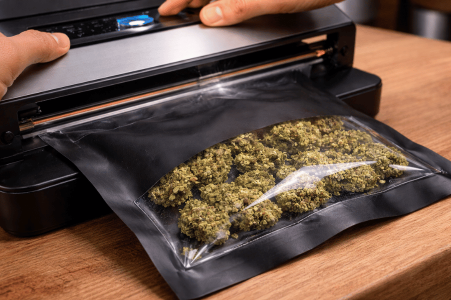 Large cannabis bags filled with flower in a commercial storage environment with scale for weighing