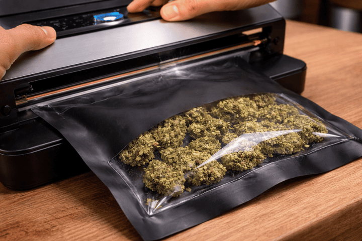 Large cannabis bags filled with flower in a commercial storage environment with scale for weighing