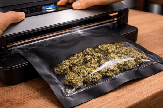 Large cannabis bags filled with flower in a commercial storage environment with scale for weighing