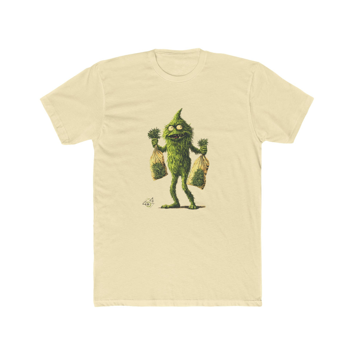 Front view of a pale yellow T-shirt with the 454 Bags Nugsie Monster character graphic.