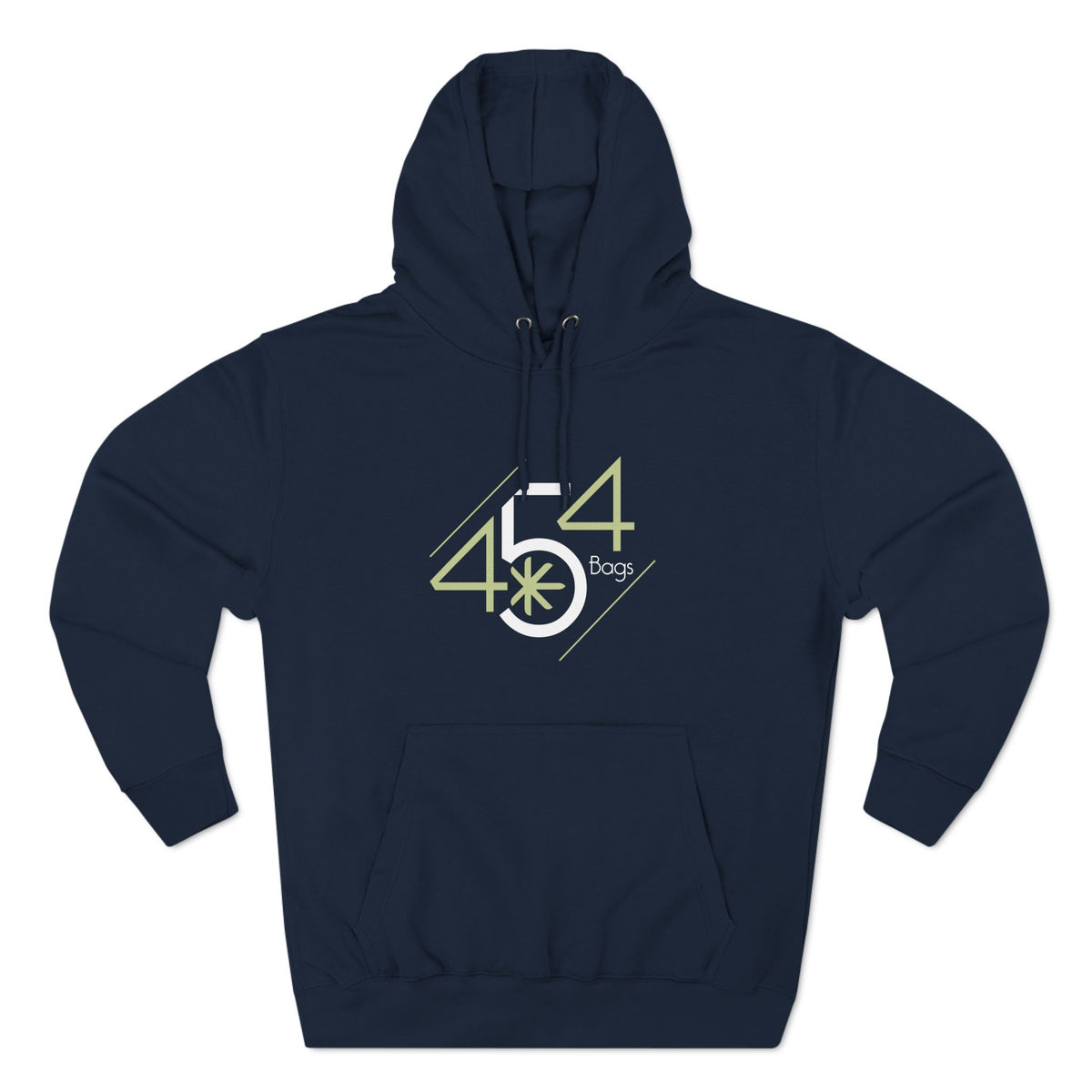 Front view of a navy pullover hoodie with the 454 Bags logo.