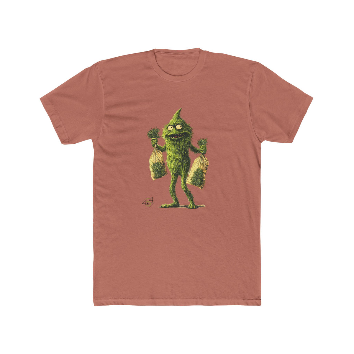 Front view of a rust T-shirt with the 454 Bags Nugsie Monster character graphic.