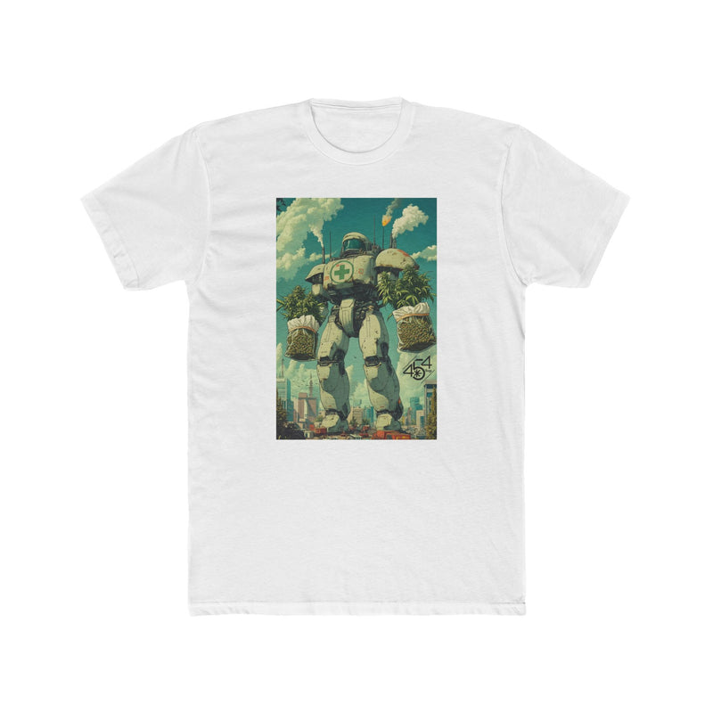 Front view of a white T-shirt with the 454 Bags Robo Bags robot harvest graphic.