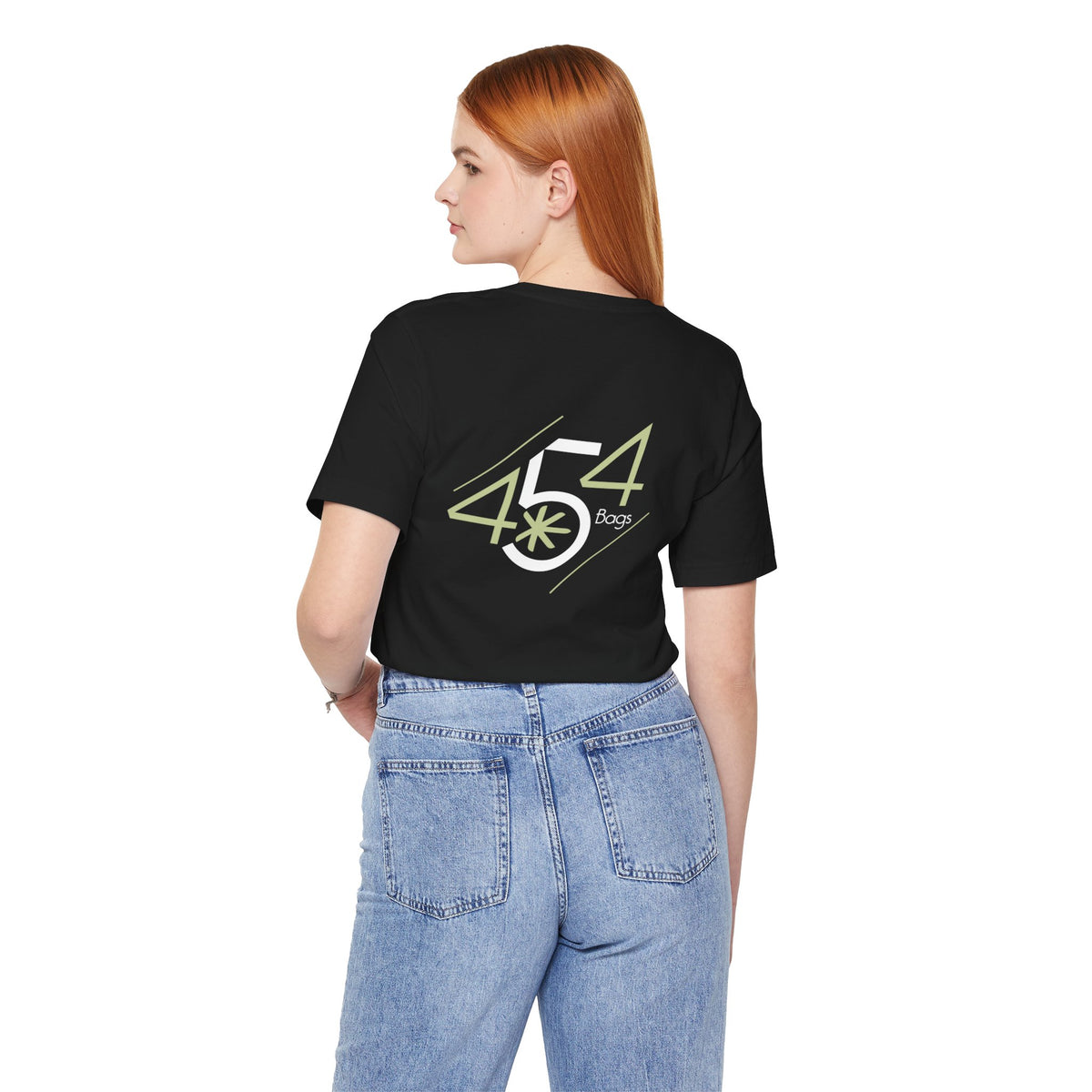 Woman showing back of black 454 Bags T-shirt with large logo