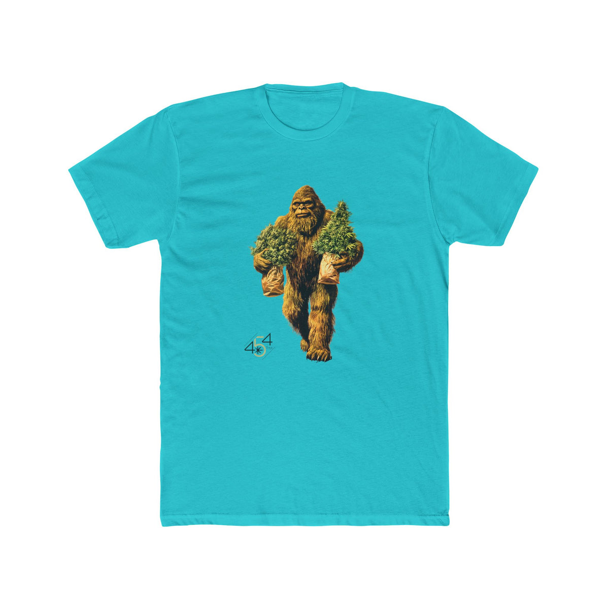Front view of a turquoise T-shirt with the 454 Bags Big Foot Buds character graphic.