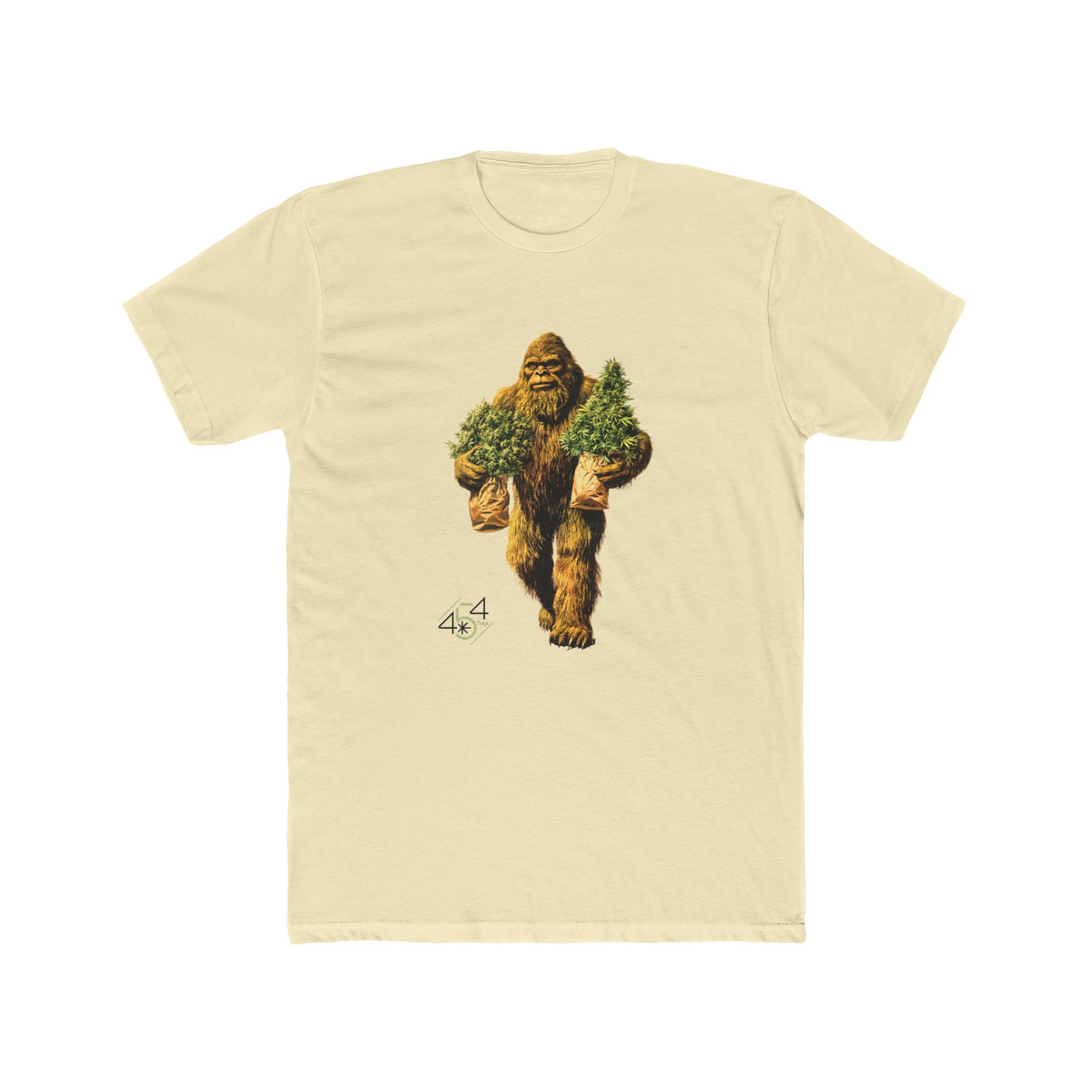 Front view of a pale yellow T-shirt with the 454 Bags Big Foot Buds character graphic.