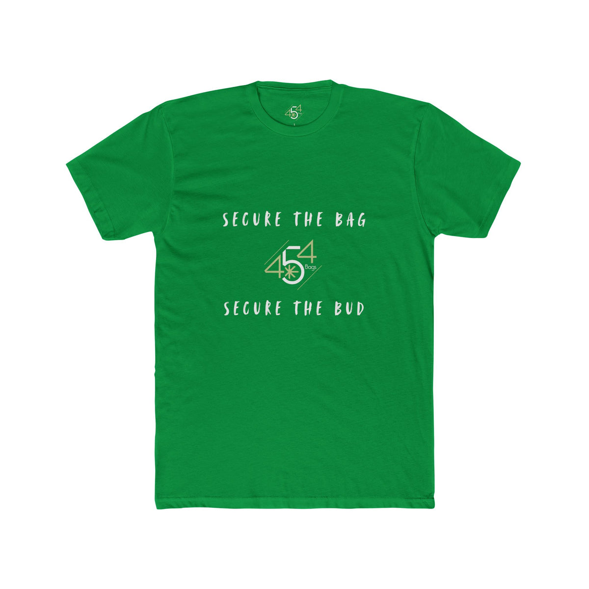 Front view of a green 454 Bags T-shirt. Secure the Bag lettering and 454 Bags logo.