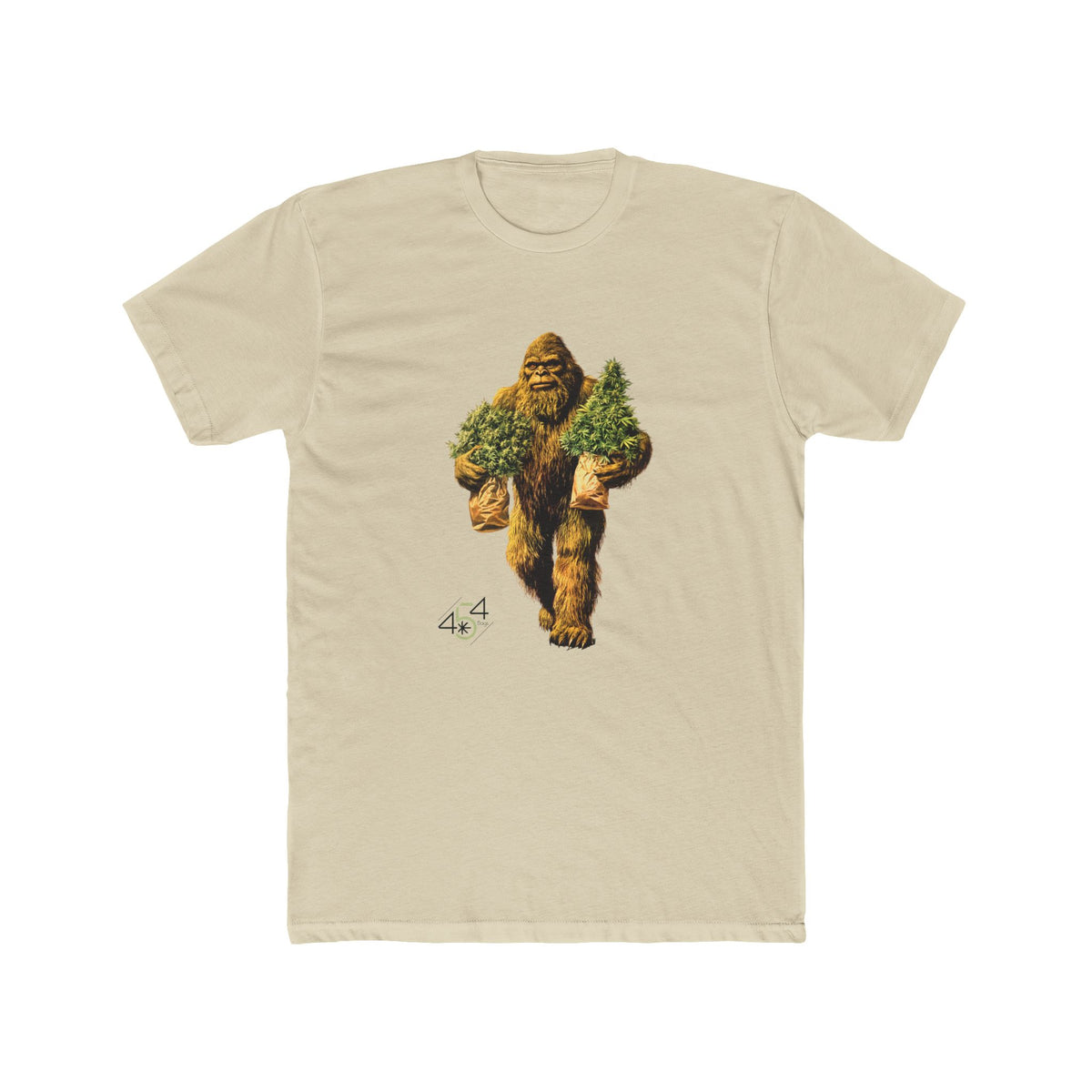Front view of a sand T-shirt with the 454 Bags Big Foot Buds character graphic.