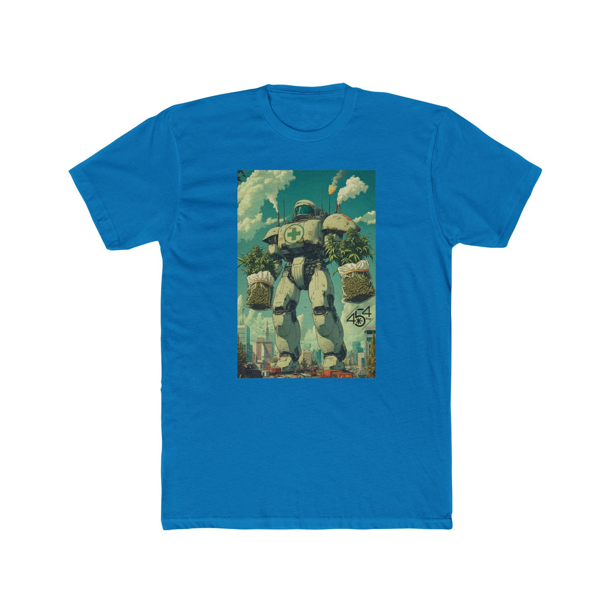 Front view of a blue T-shirt with the 454 Bags Robo Bags robot harvest graphic.