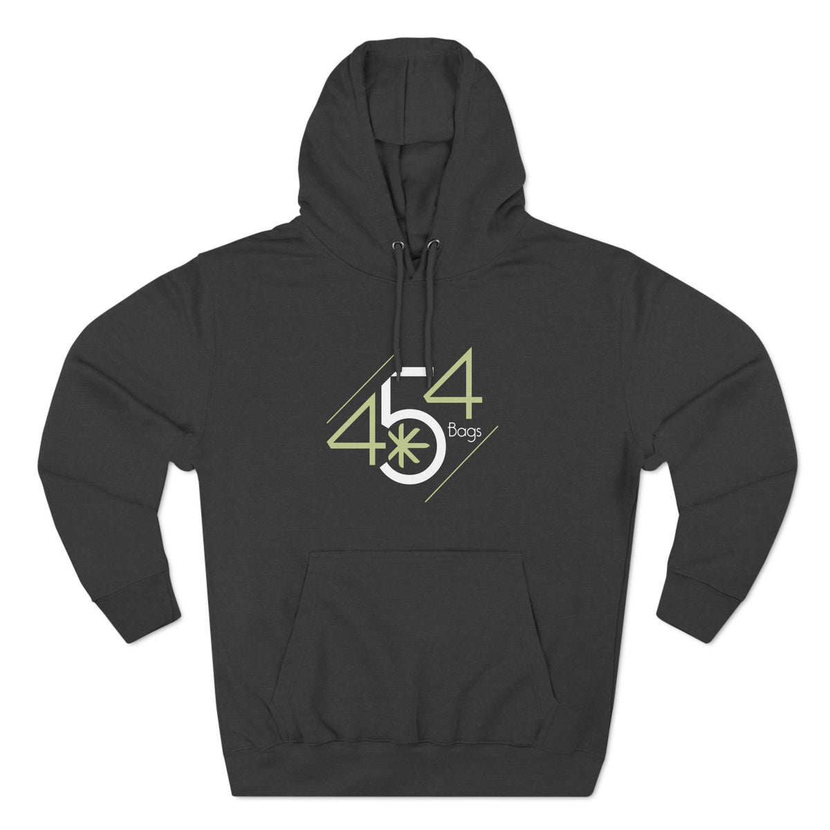 Front view of a charcoal pullover hoodie with the 454 Bags logo.