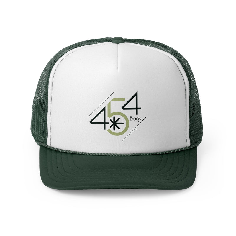 Green and white trucker hat with the 454 Bags logo.