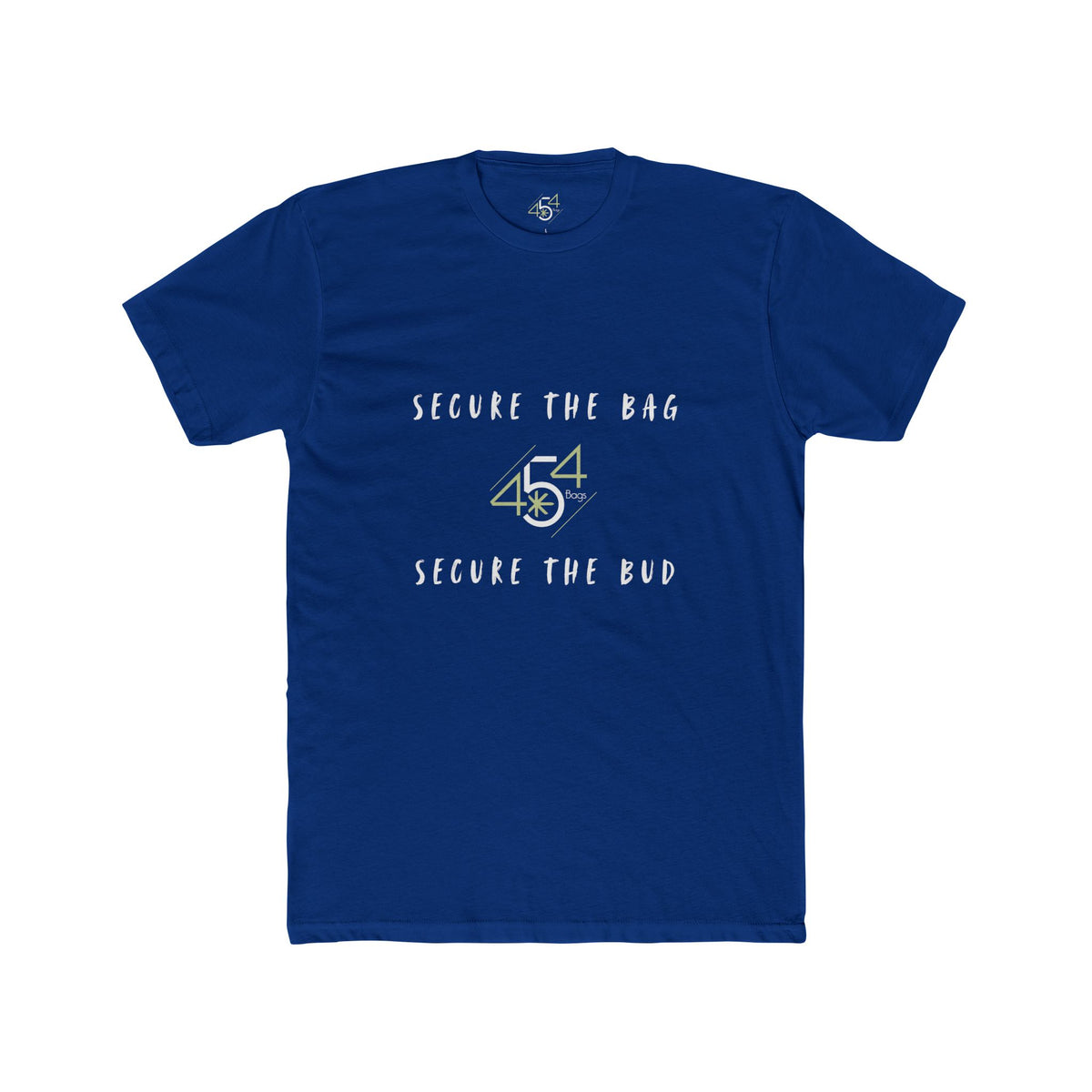 Front view of a royal blue 454 Bags T-shirt. Secure the Bag lettering and 454 Bags logo.