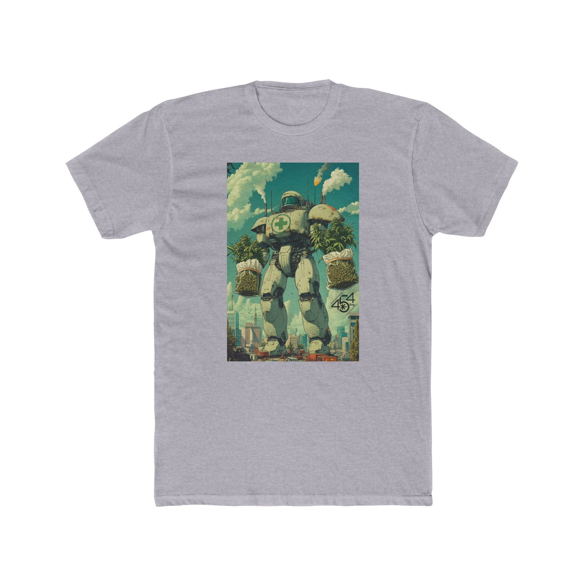 Front view of a light gray T-shirt with the 454 Bags Robo Bags robot harvest graphic.