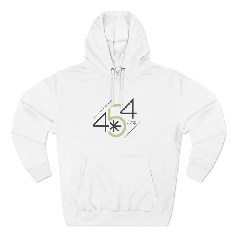 Front view of a white pullover hoodie with the 454 Bags logo.