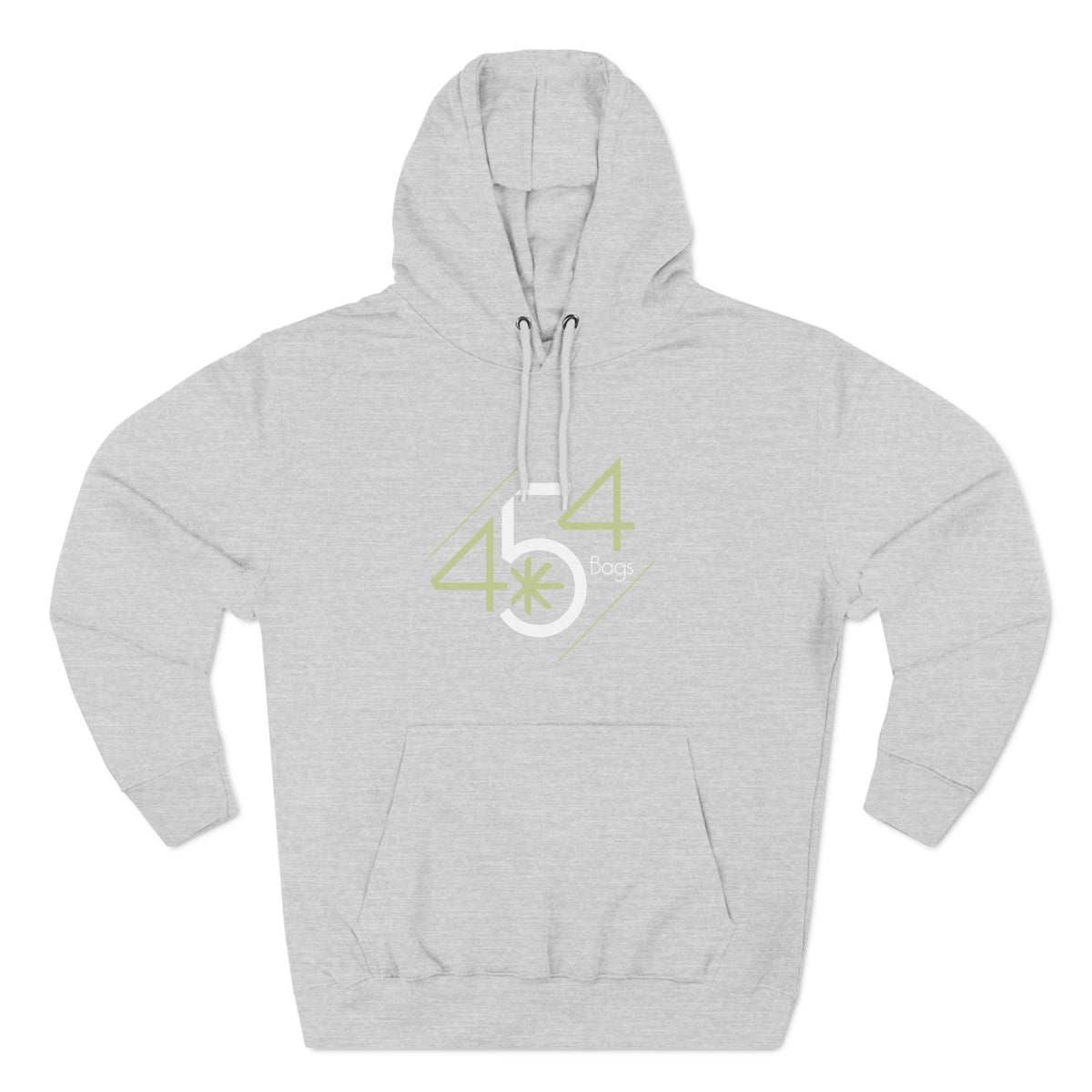 Front view of a light gray pullover hoodie with the 454 Bags logo.
