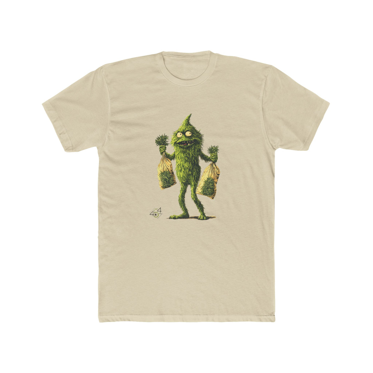 Front view of a sand T-shirt with the 454 Bags Nugsie Monster character graphic.