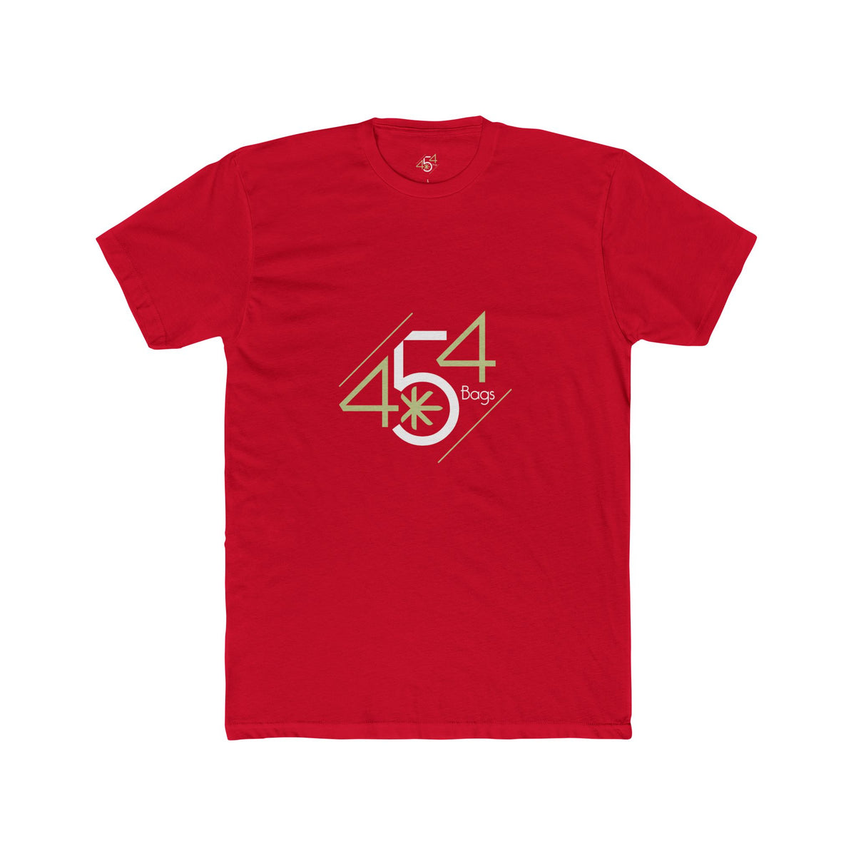 Front view of a red T-shirt with the 454 Bags logo.