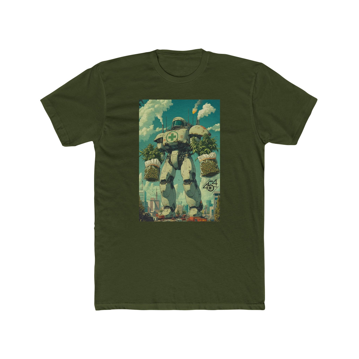 Front view of a olive green T-shirt with the 454 Bags Robo Bags robot harvest graphic.