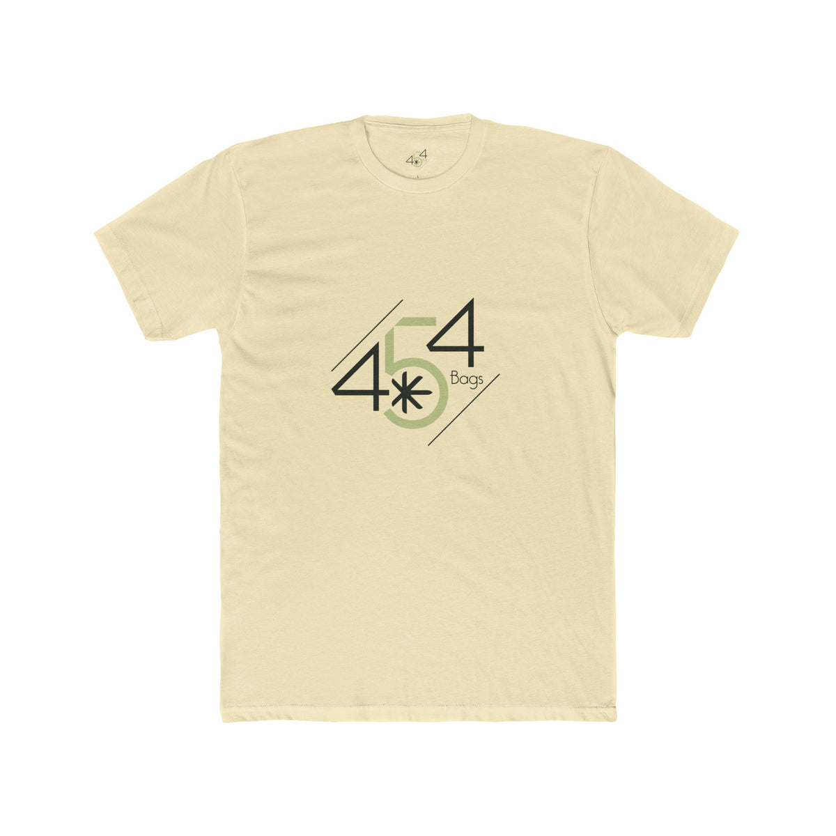 Front view of a pale yellow 454 Bags T-shirt. 454 Bags logo centered on the chest.