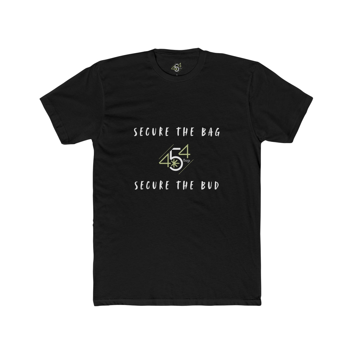 Front view of a black 454 Bags T-shirt. Secure the Bag lettering and 454 Bags logo.