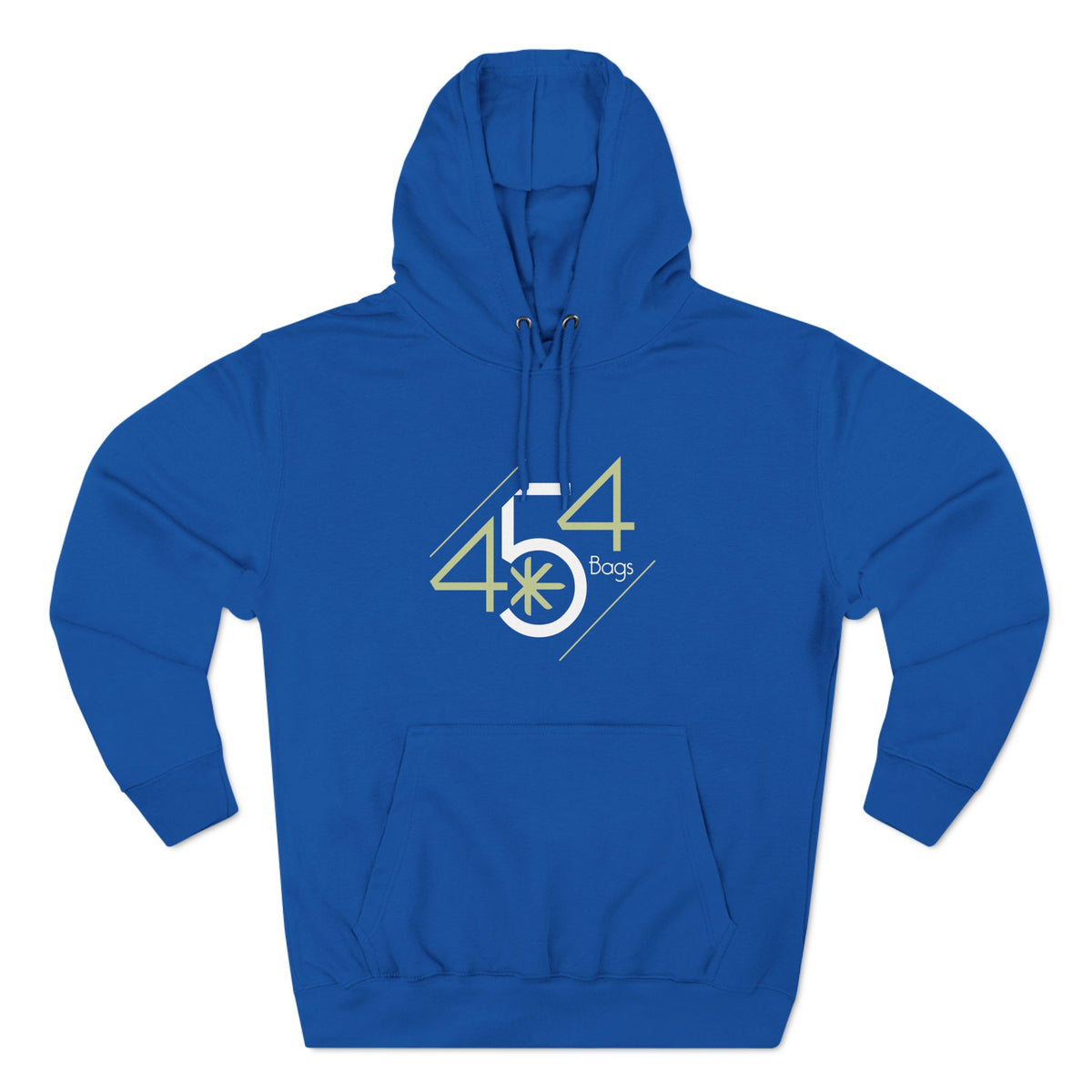 Front view of a blue pullover hoodie with the 454 Bags logo.