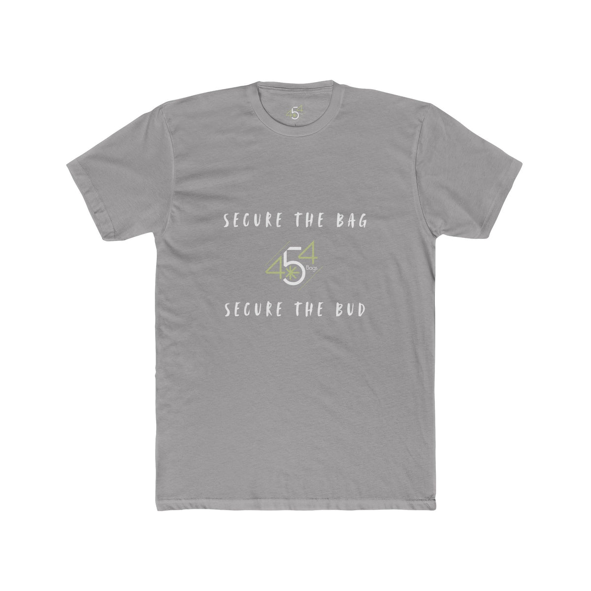 Front view of a gray 454 Bags T-shirt. Secure the Bag lettering and 454 Bags logo.