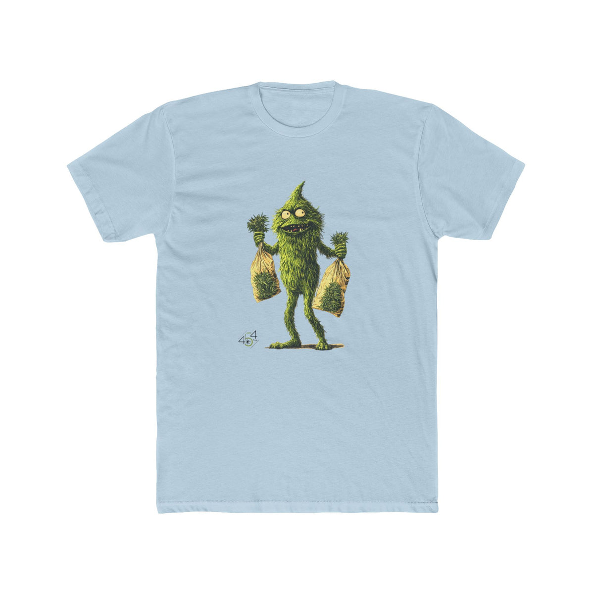 Front view of a light blue T-shirt with the 454 Bags Nugsie Monster character graphic.