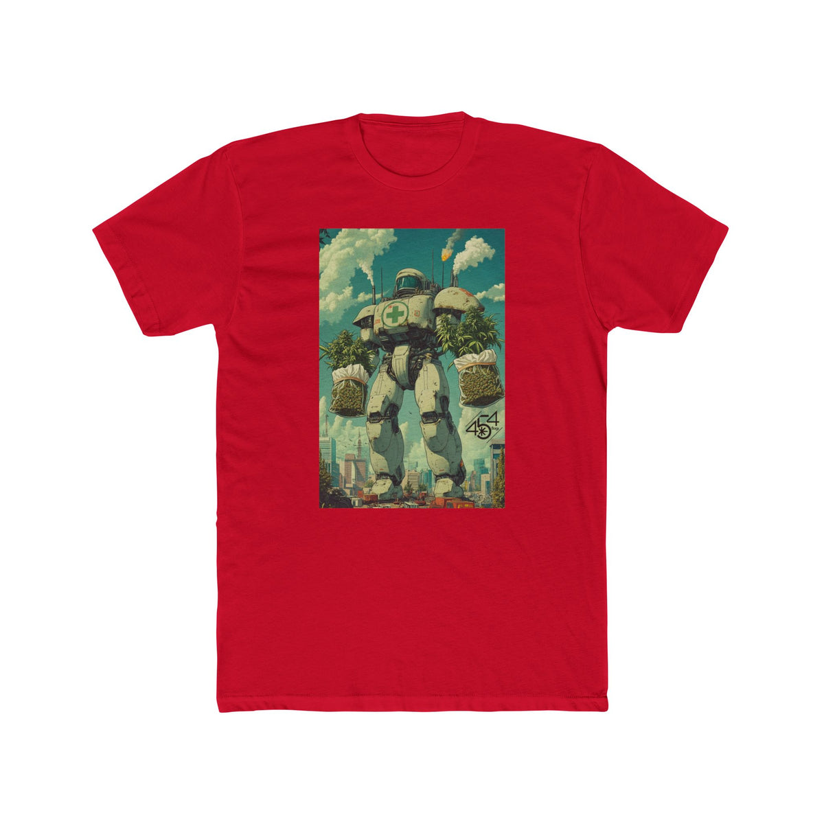Front view of a red T-shirt with the 454 Bags Robo Bags robot harvest graphic.