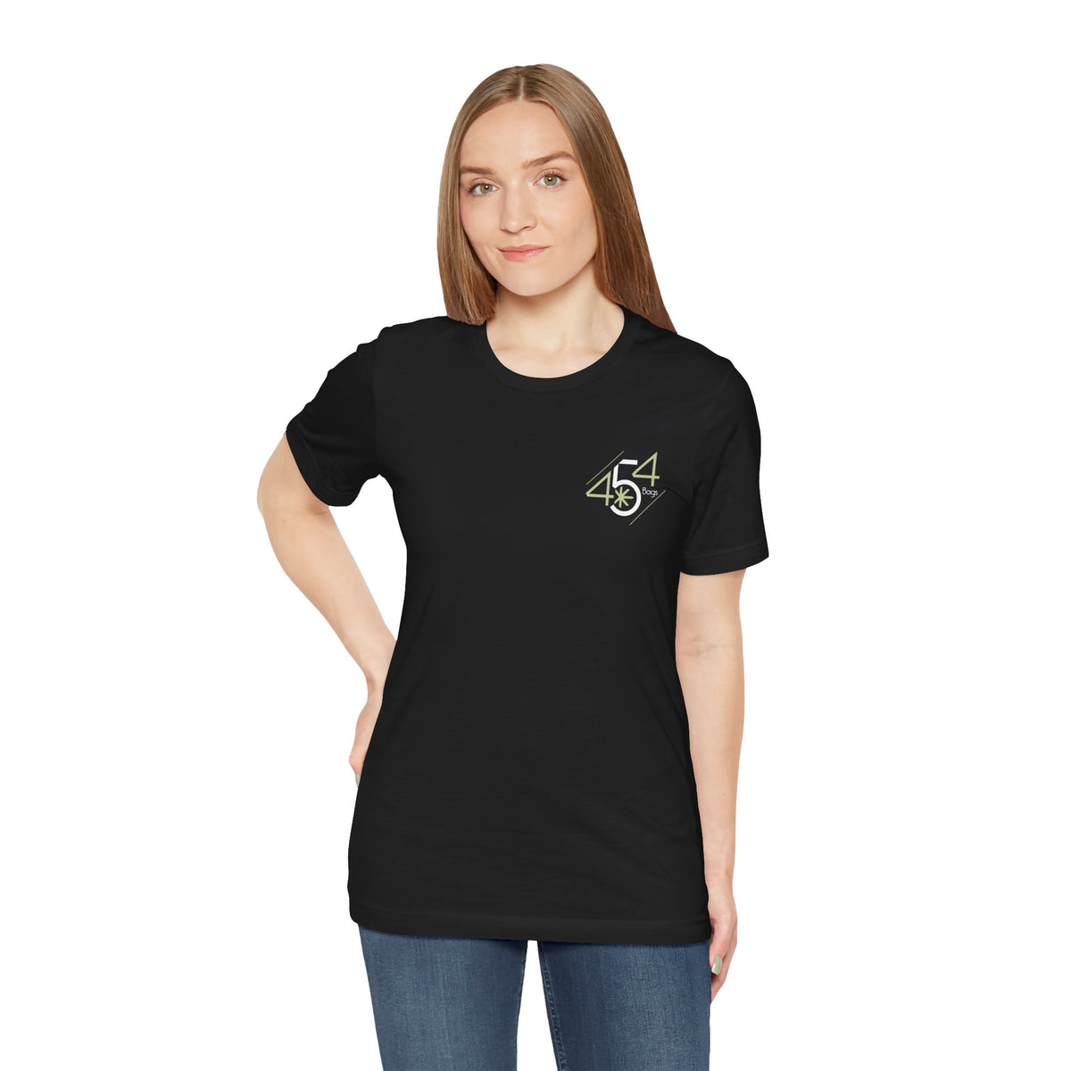 Woman wearing black 454 Bags logo T-shirt with hand on hip