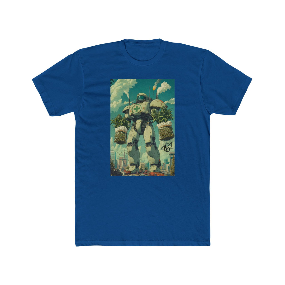 Front view of a royal blue T-shirt with the 454 Bags Robo Bags robot harvest graphic.