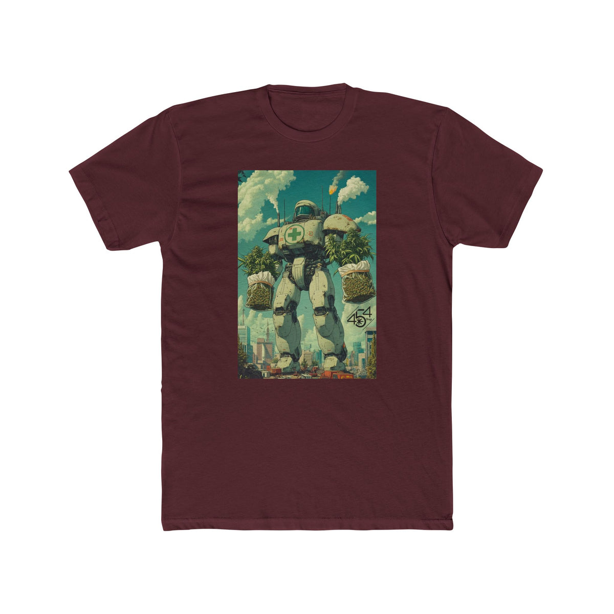 Front view of a burgundy T-shirt with the 454 Bags Robo Bags robot harvest graphic.